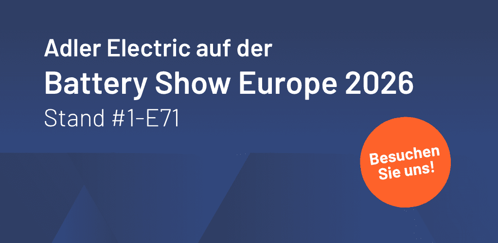 Banner zur Teilnahme von Adler Electric auf der Battery Show Europe 2026 mit Standnummer