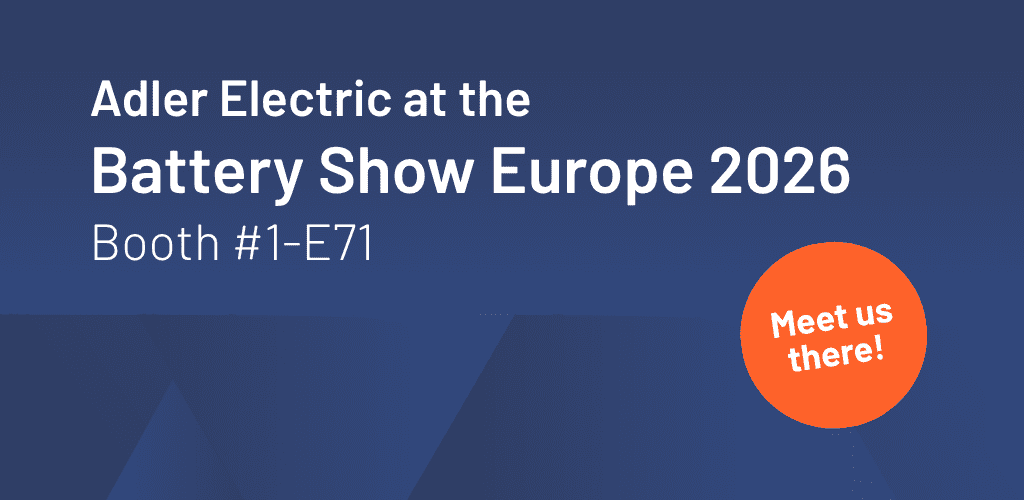 Blue banner with content "Adler Electric at the Battery Show Europe 2026"