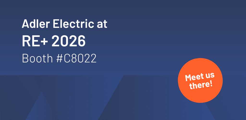 Blue banner with content "Adler Electric at RE+ 2026"
